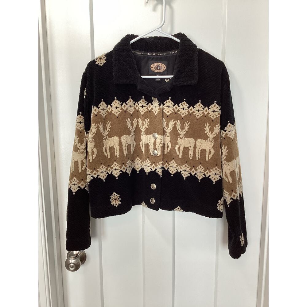 VTG County‎ Clothing Co. Reindeer Fleece Button Front Jacket Brown Black Medium